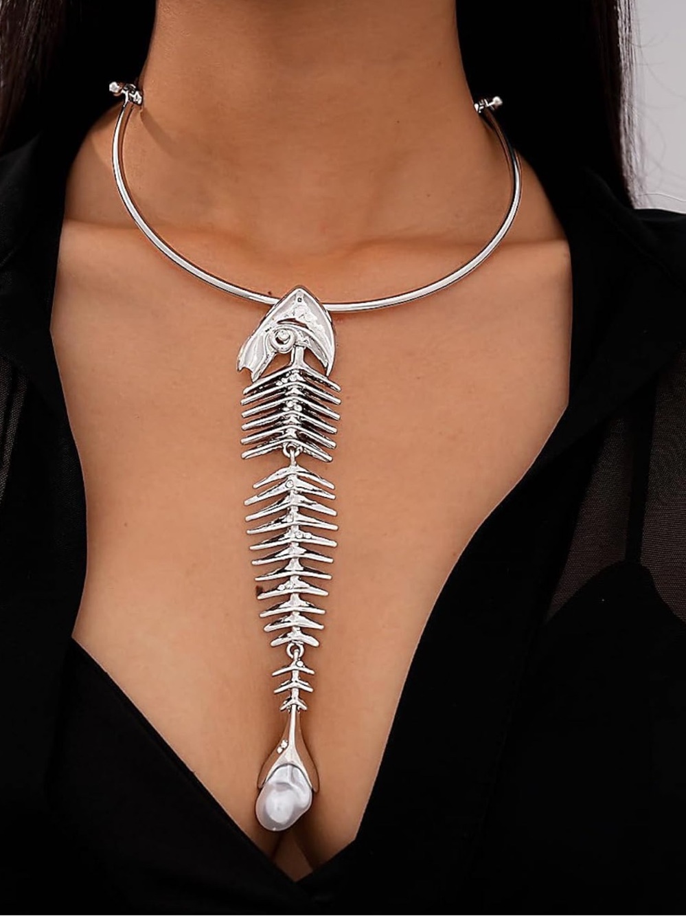 Silver Fish Bone Statement Choker Necklace Gothic Pearl Pendant